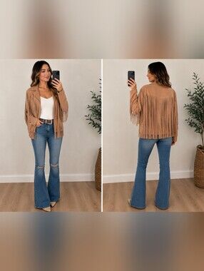 Western Fringe Faux Suede Jacket Womens Large Tan Beige Boho Cowgirl Festival